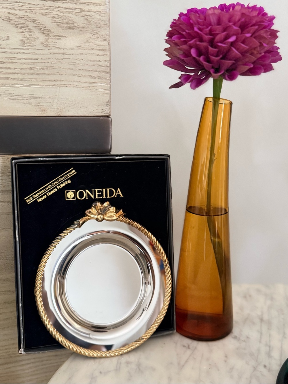 Vintage Oneida Silver Tray Gold Rope Trim original box included